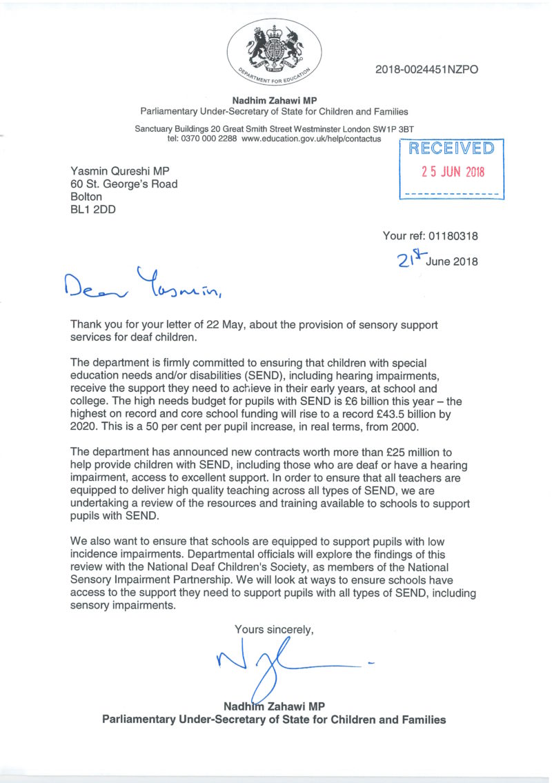 Scan of the reply from Nadhim Zahawi, the Parliamentary Under Secretary of State for Children and Families