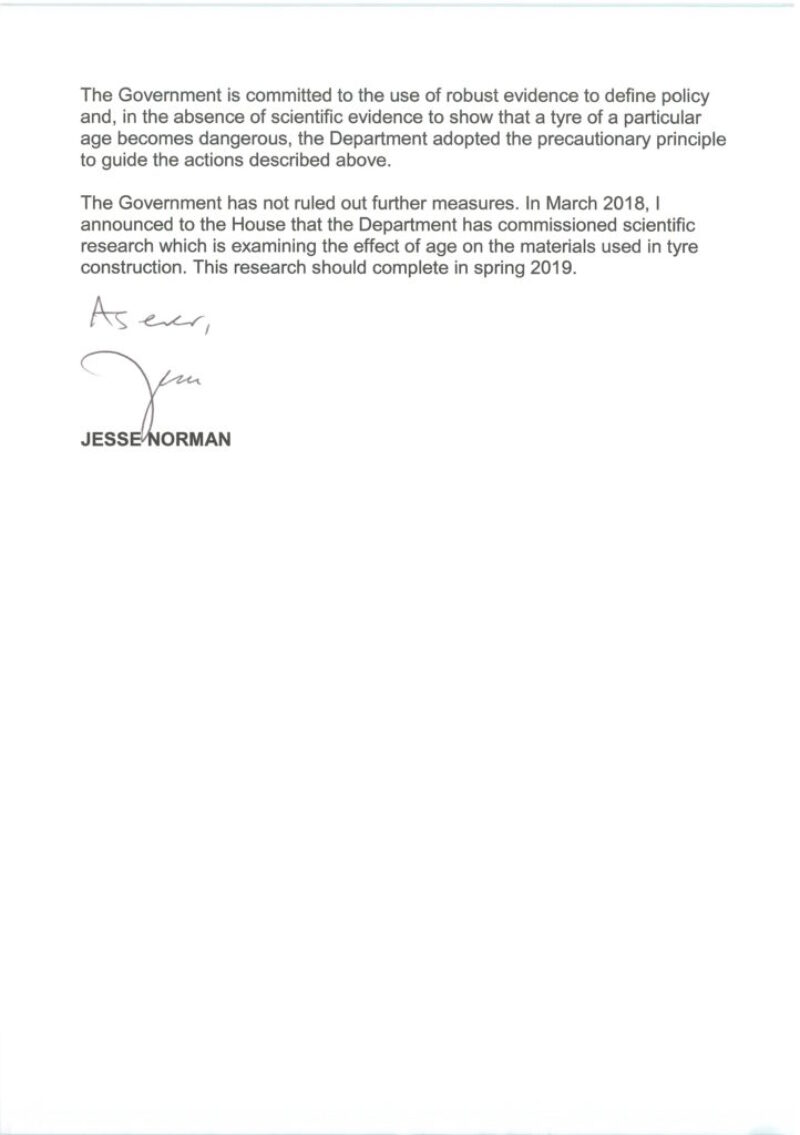 Photograph of the second page of the reply from the Transport Minister