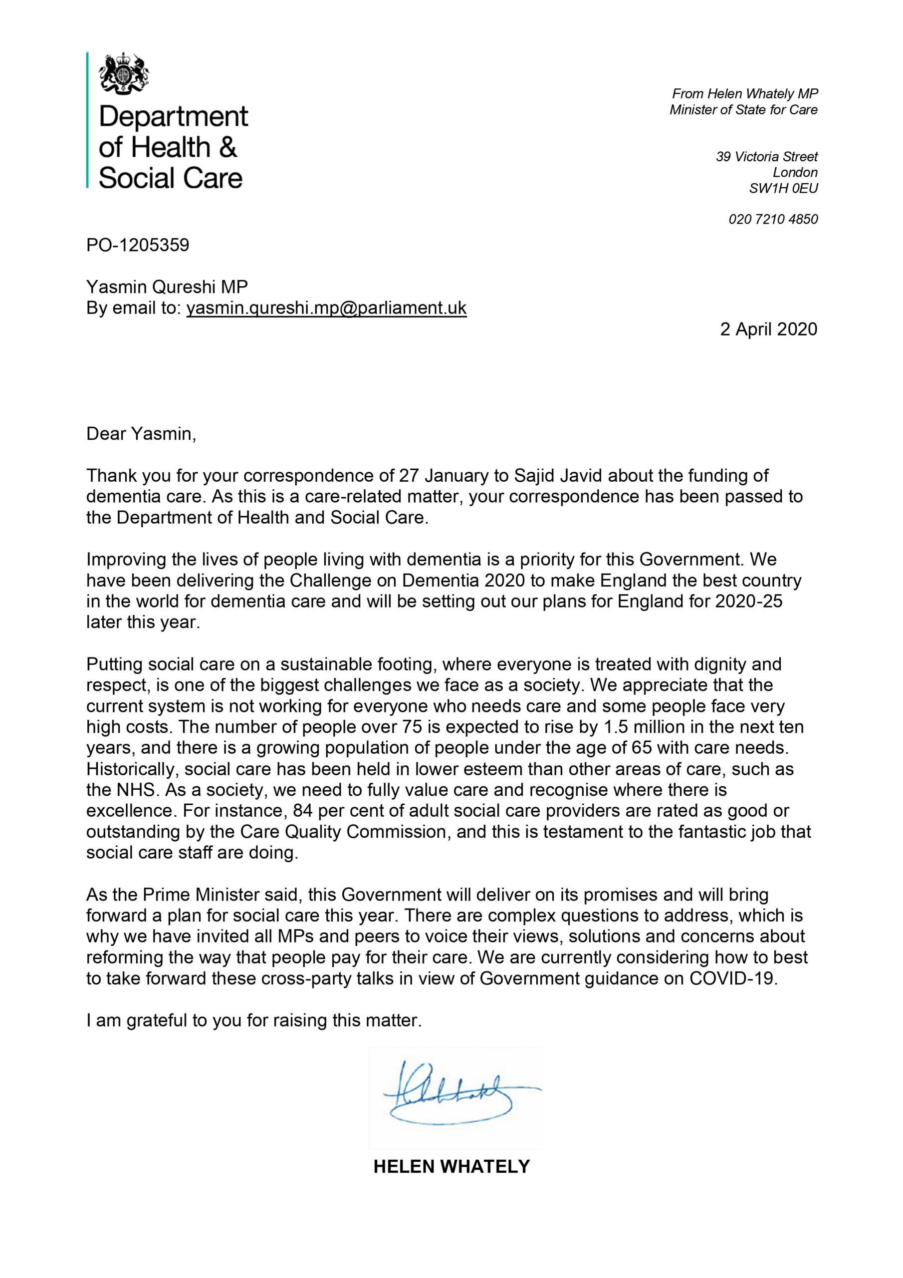 Letter from Helen Whatley MP