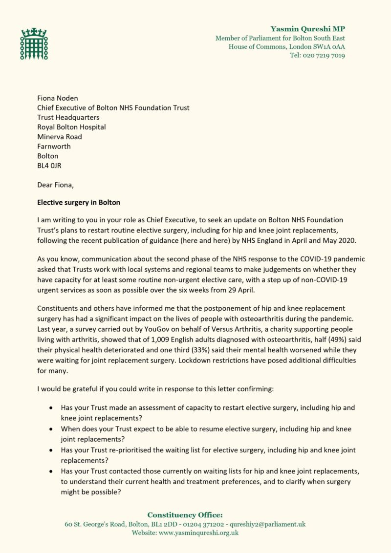 Letter to Fiona Noden (Arthritis -