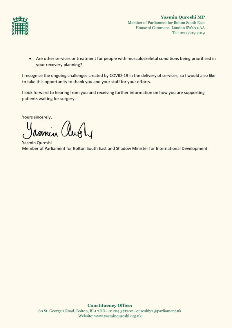 Letter to Fiona Noden (Arthritis -