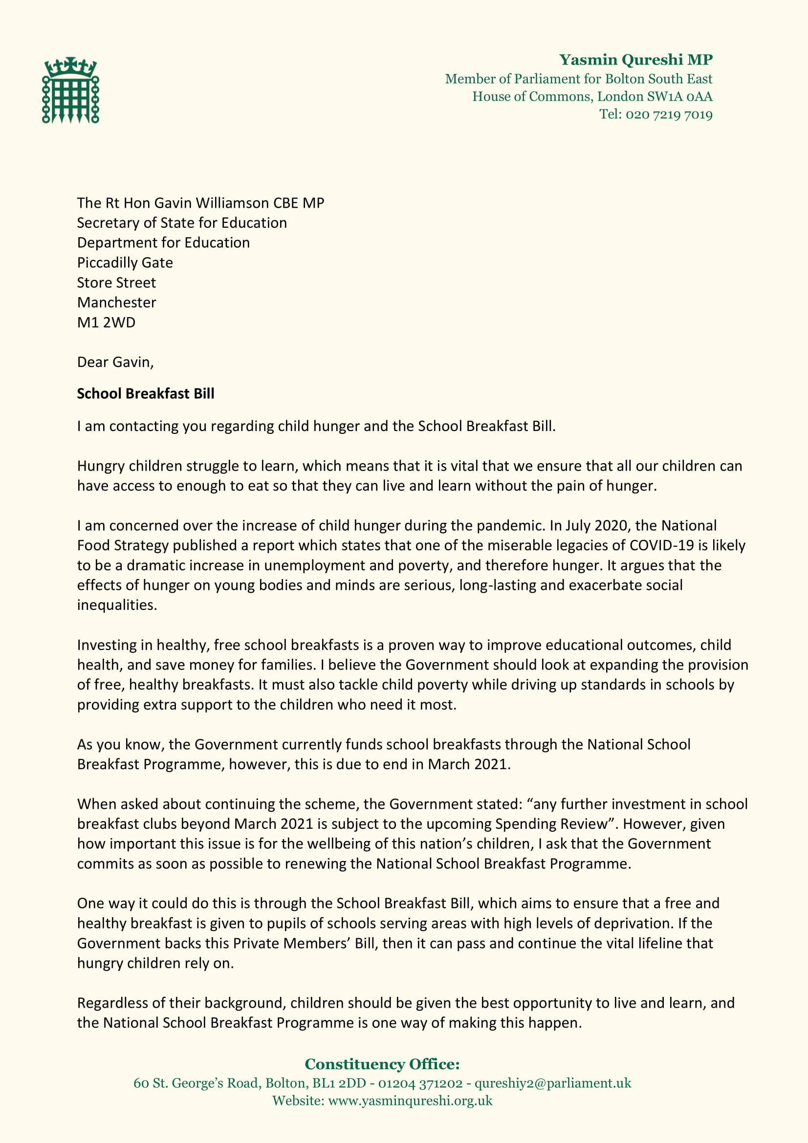 Letter to Gavin Williamson Page 1