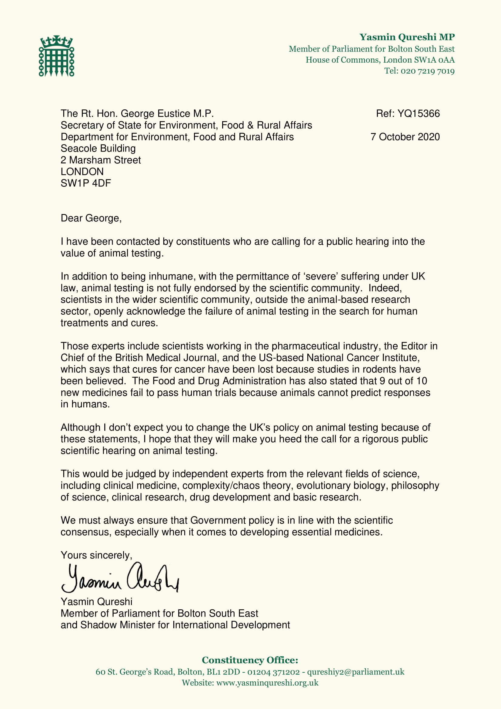 Letter to George Eustice