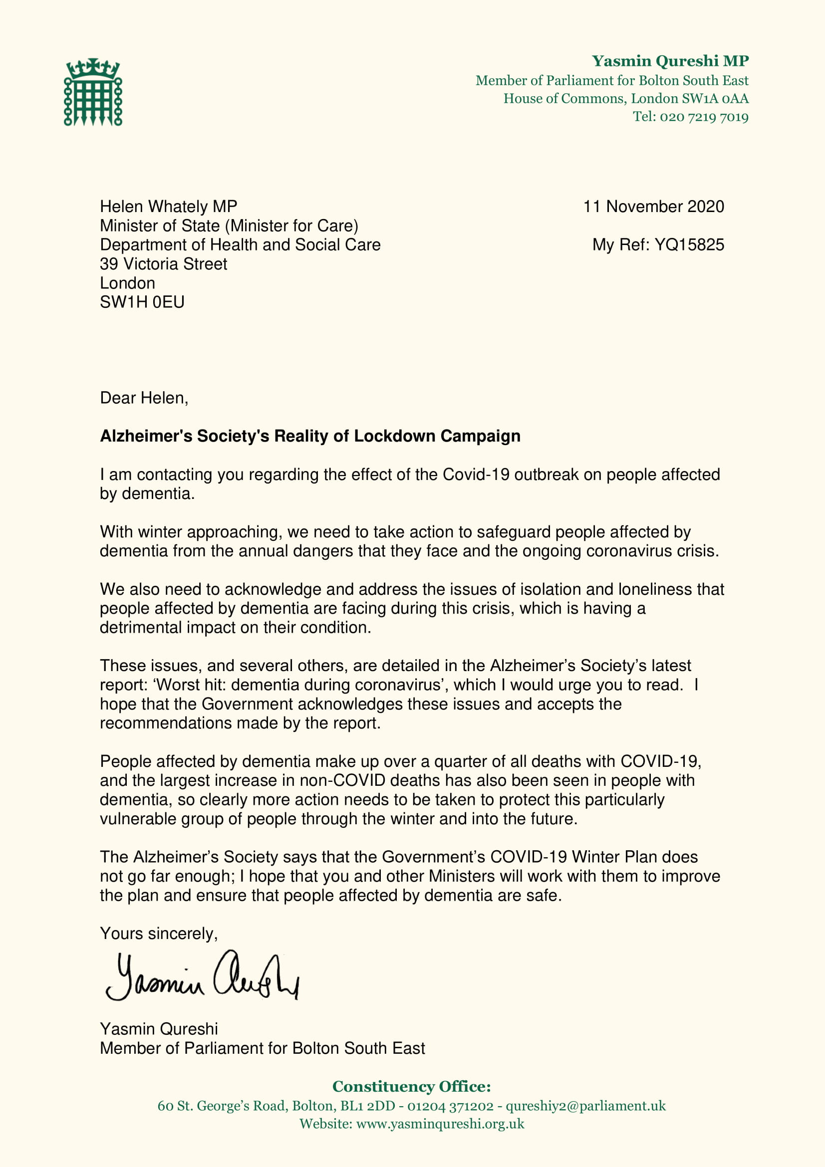 Letter to Helen Whately
