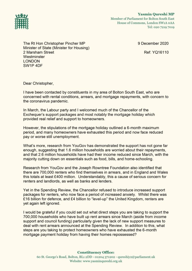 Letter to the housing minister, page 1