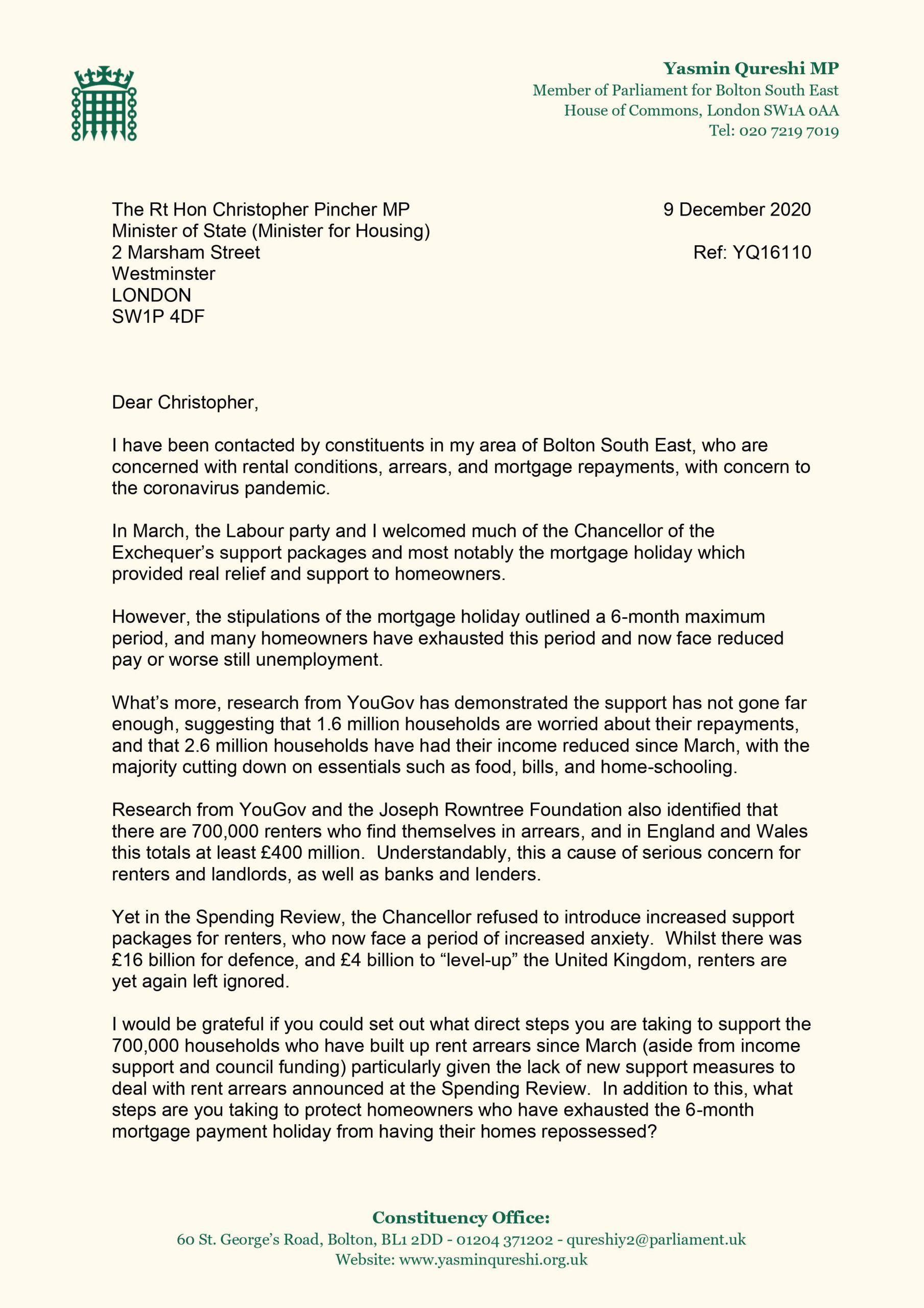 Letter to the housing minister, page 1