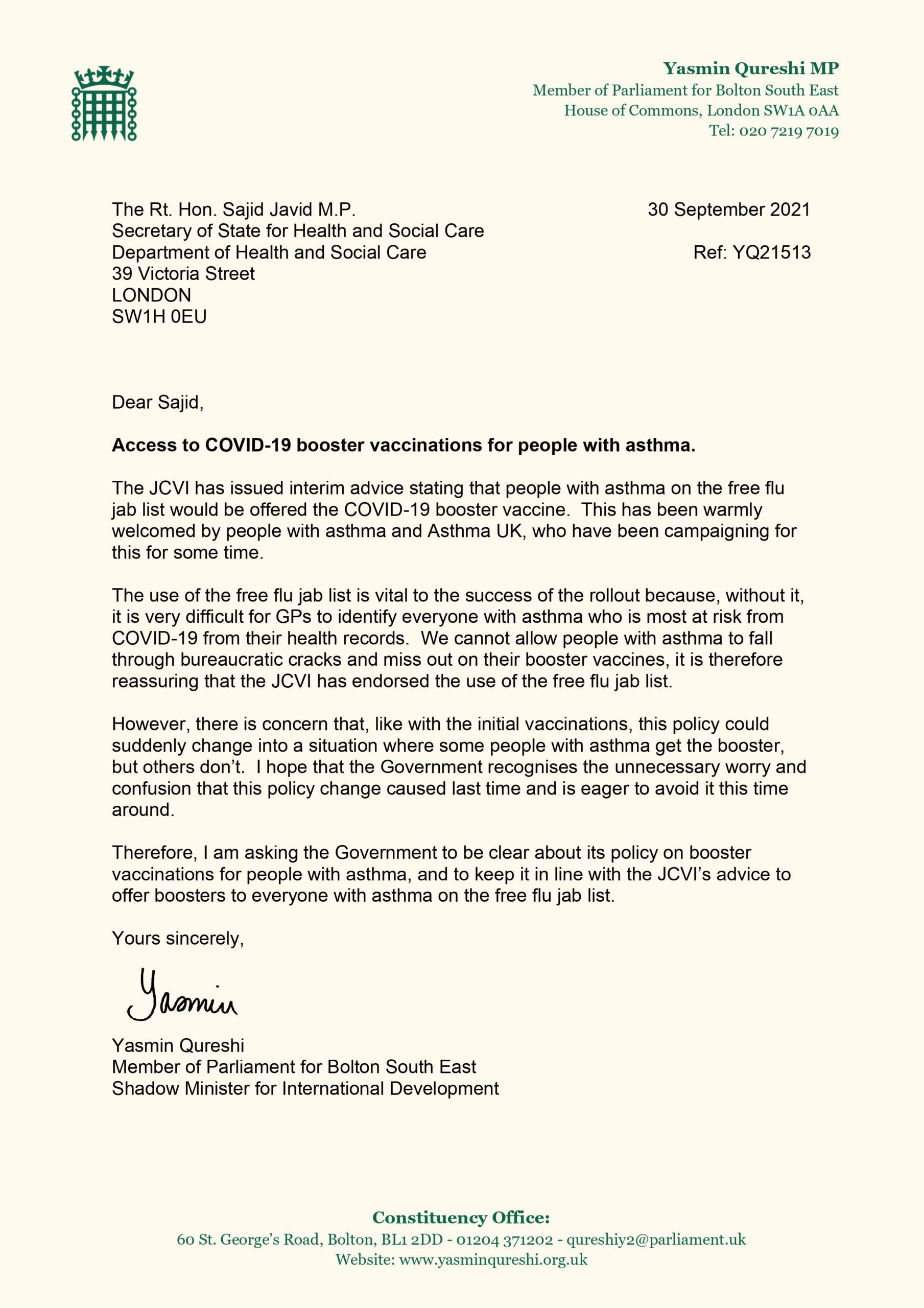 Letter to Sajid Javid