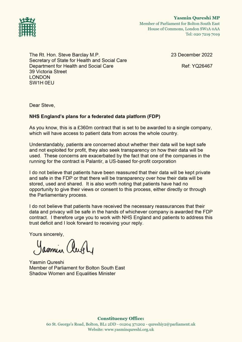 Letter to Steve Barclay.