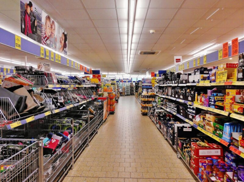 An aisle in a supermarket.