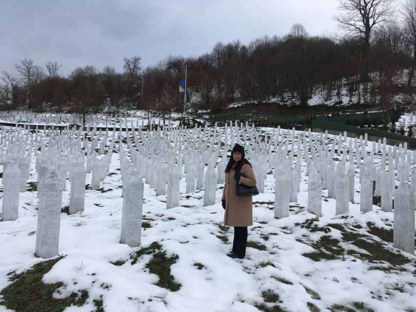 Yasmin Qureshi stood at the memorial in Srebrenica