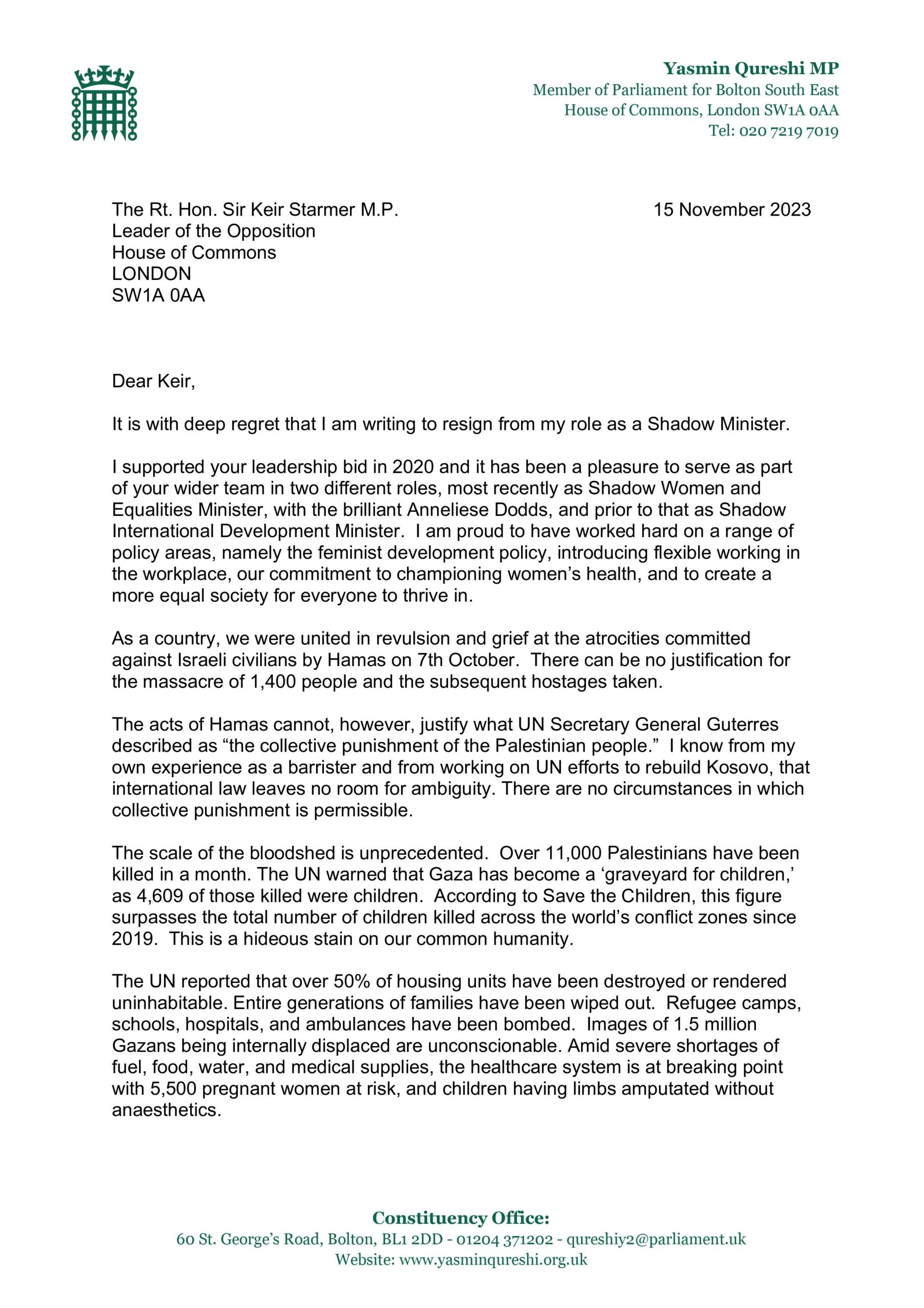 Images shows the first page of my resignation letter to Sir Keir Starmer